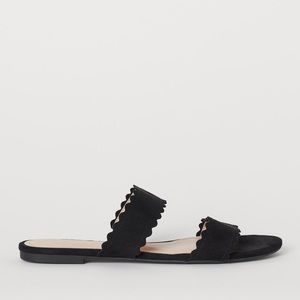 Faux Suede Scallop Flat Black Sandals